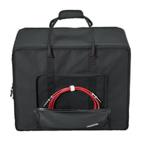 Black carrying case with red cables on a white background