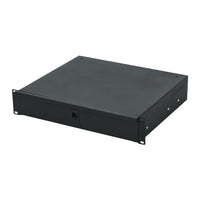 Black metal rack mount chassis on a white background
