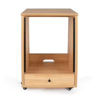 Wooden side table with a drawer on wheels against a white background