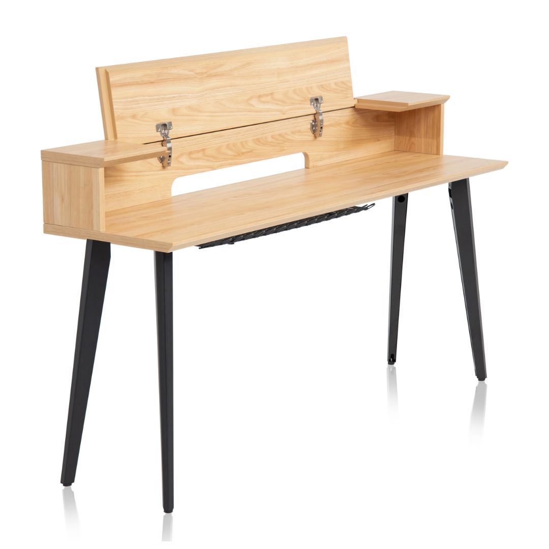 Wooden bench with black legs on a white background