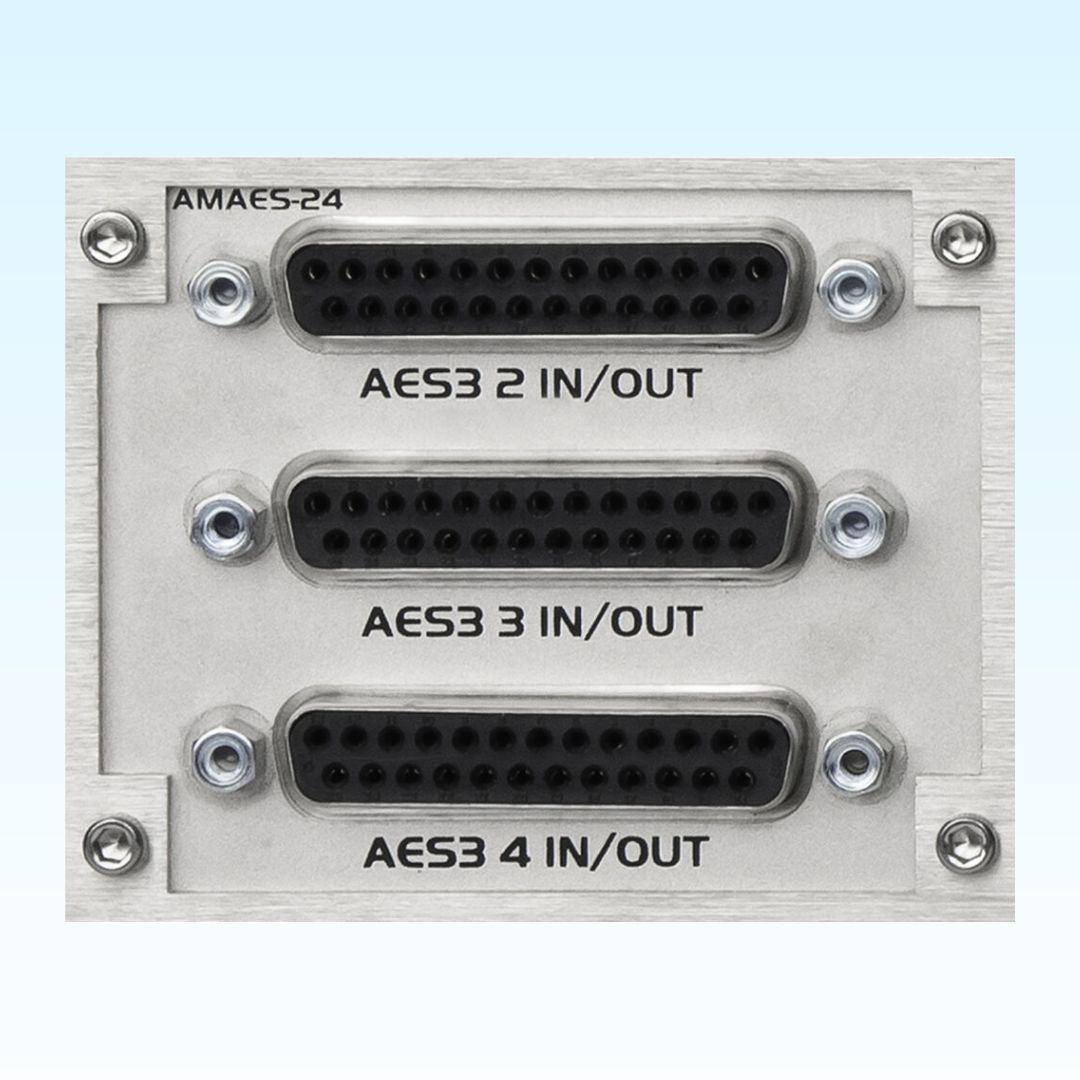 Front view of Grace Design 24-Channel AES IO Option for m701 on light blue background