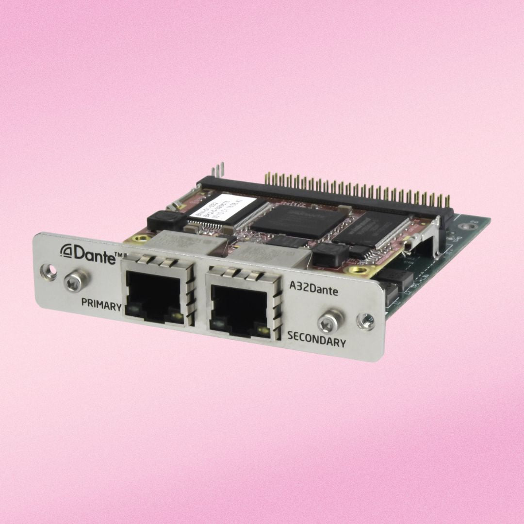 Angled front view of Grace Design 32-Channel Dante I/O for m701 on pink background