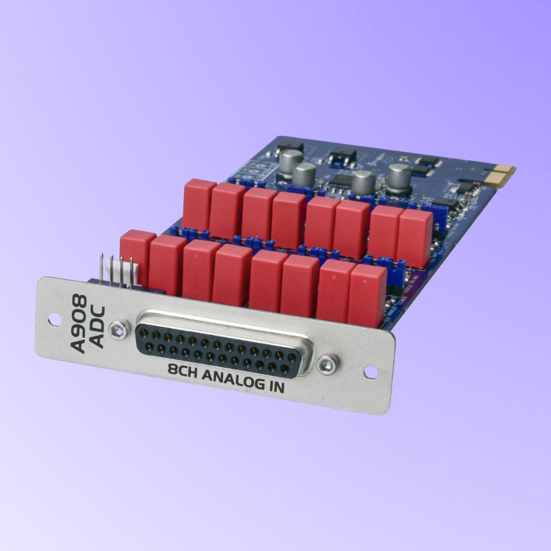 Angled front view of Grace Design ADC-2 8-Channel A/D Option for m908 on purple background