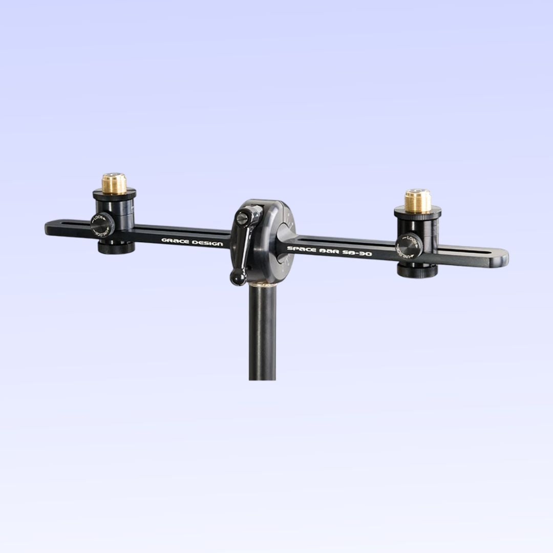 Front view of Grace Design SB-30 11.81" Spacebar Stereo Microphone Mounting Kit on purple background