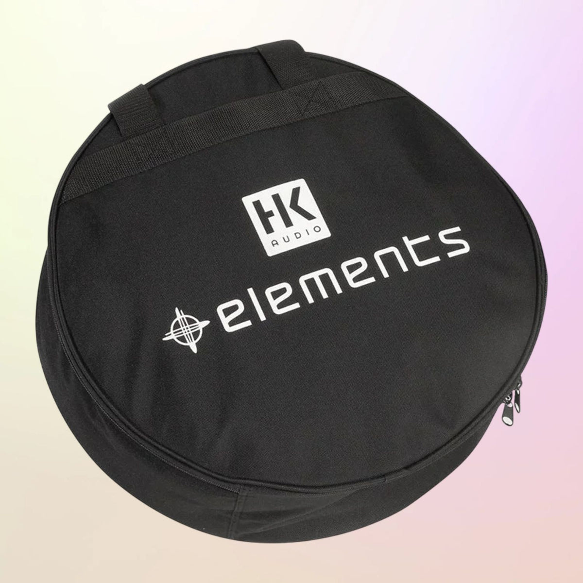 Angled front view of HK Audio ELEMENTS Base Bag (for 1x EF45) on yellow and pink gradient background