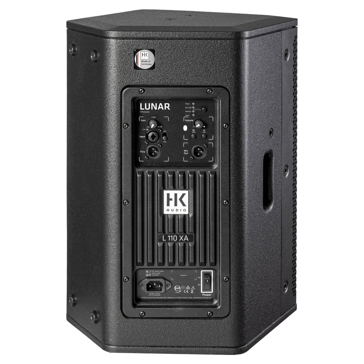 Rear ports view of HK Audio LUNAR 110 XA Speaker on white background