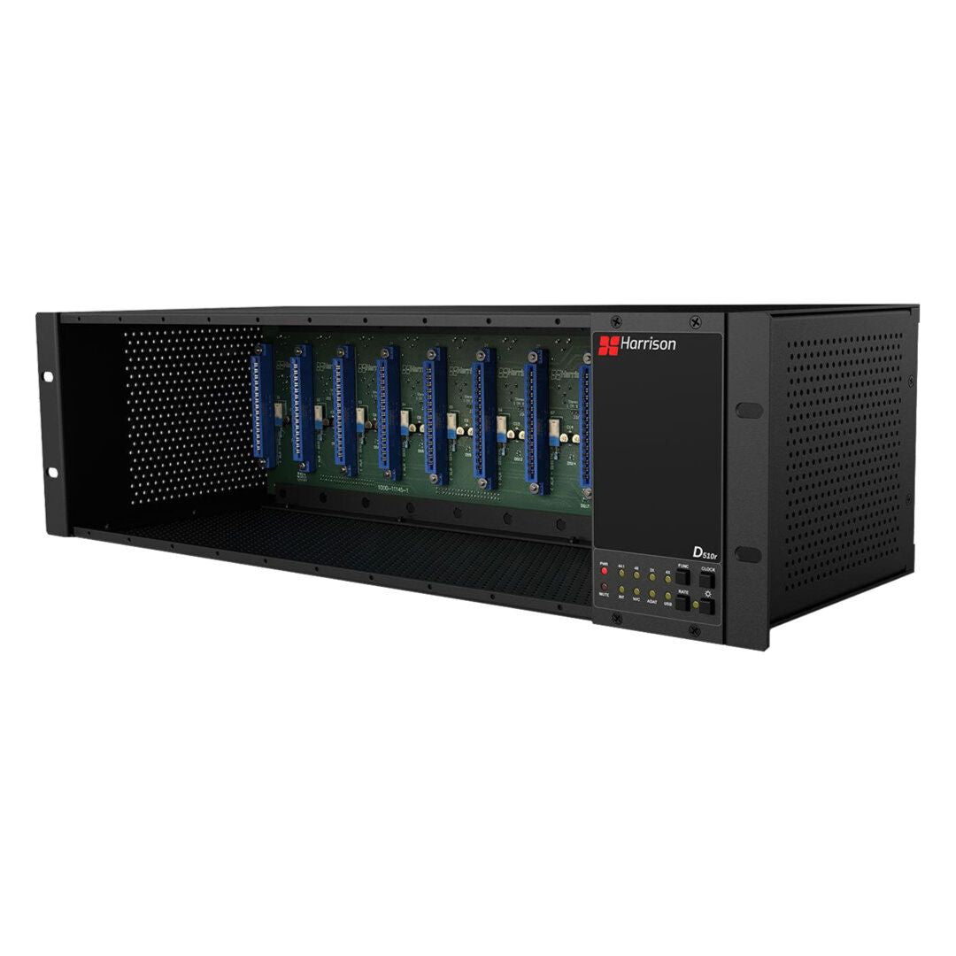 Angled front view of Harrison Audio D510 500 Series Rack on white background