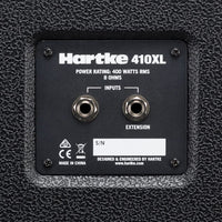 Hartke 410XL speaker cabinet label with specifications on a black background