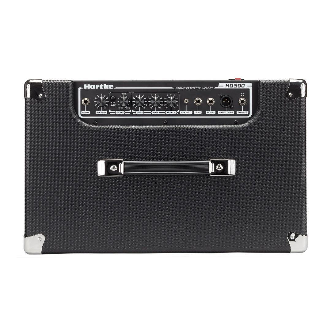 Black guitar amplifier with control panel on a white background