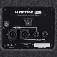 Hartke HD115 speaker cabinet control panel with technical specifications.