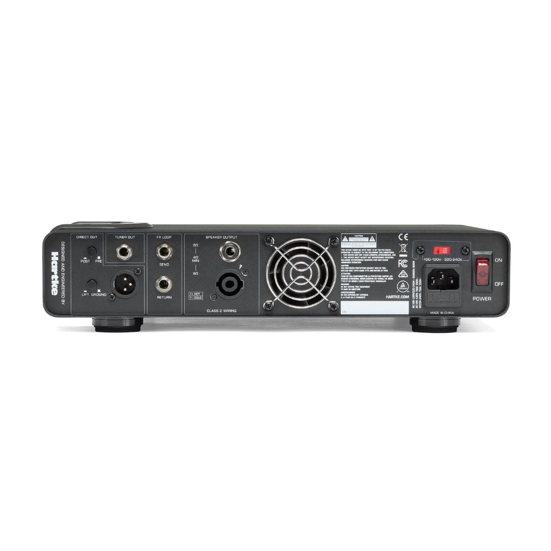 Back view of a black audio amplifier on a white background