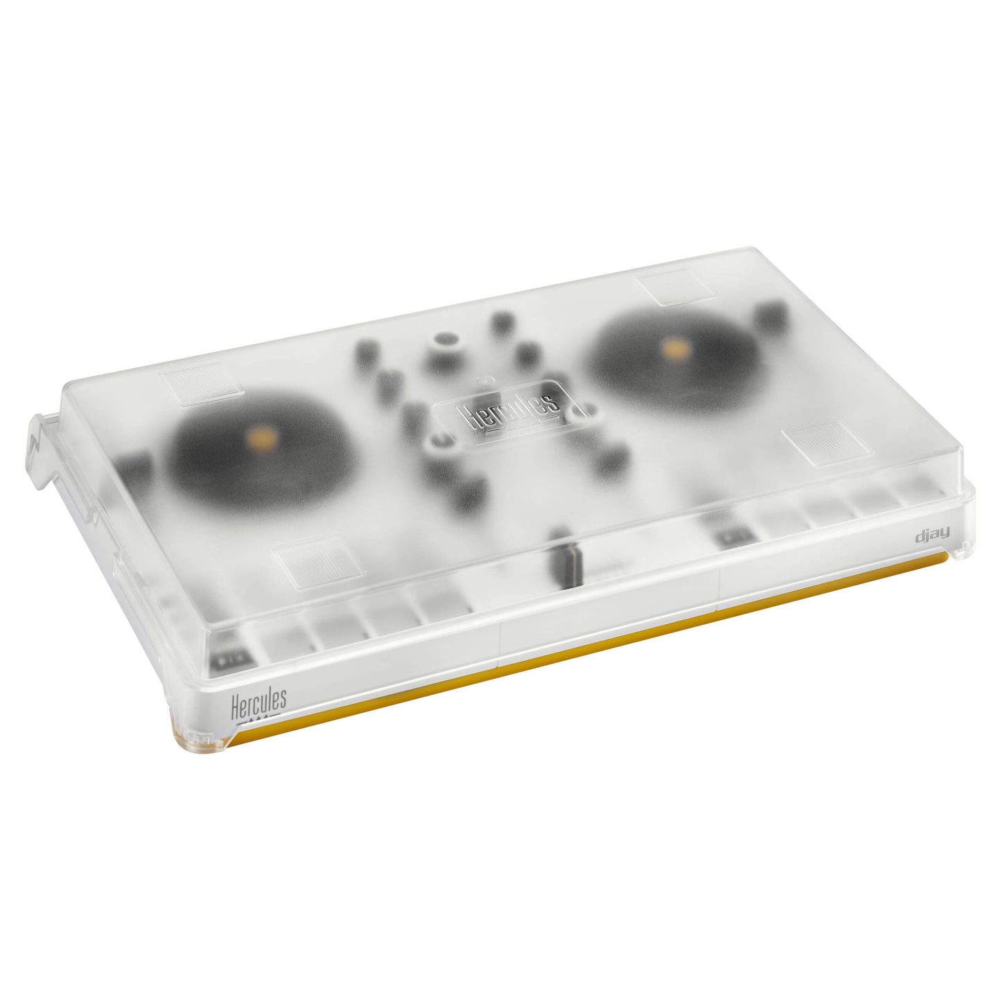 Angled view of Hercules DJControl Mix Ultra DJ Controller with cover on white background