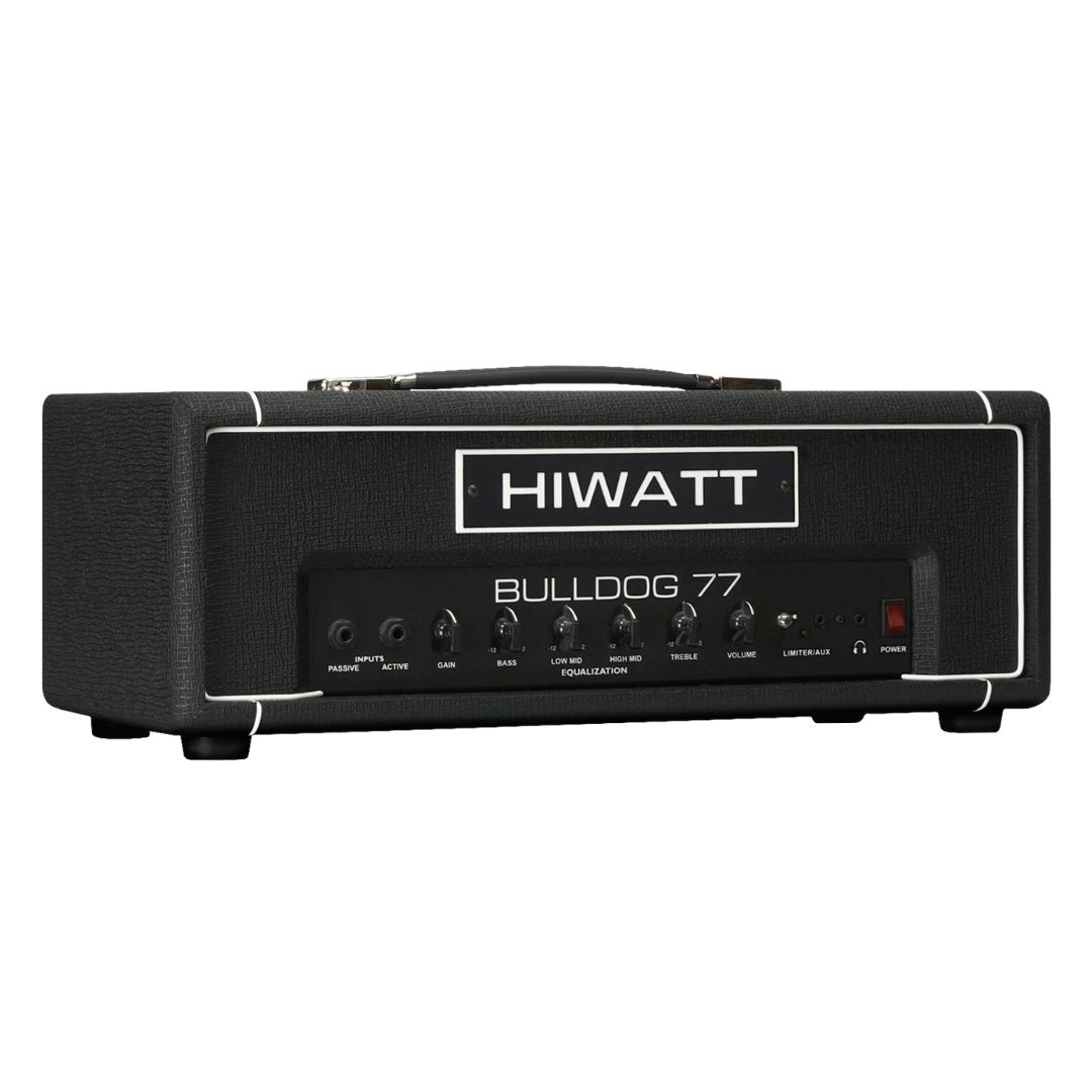 Angled front view of Hiwatt Bulldog 77 Bass Amplifier Head on white background