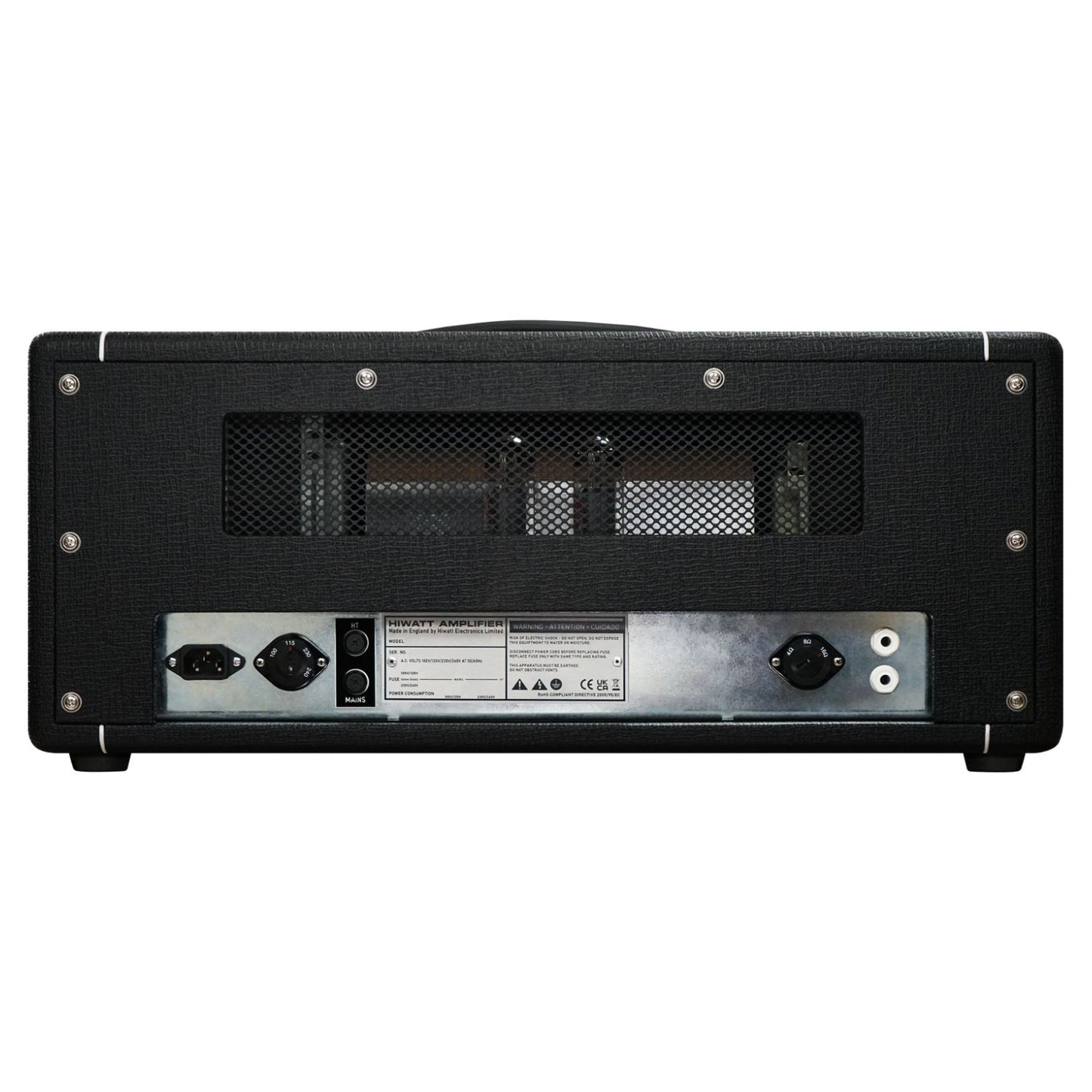 Rear ports view of Hiwatt DR504 Custom Guitar Amplifier Head on white background