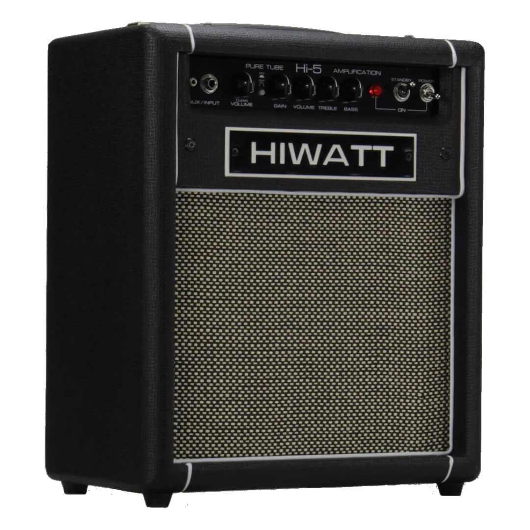 Angled front view of Hiwatt Hi-5 Combo Guitar Amplifier on white background