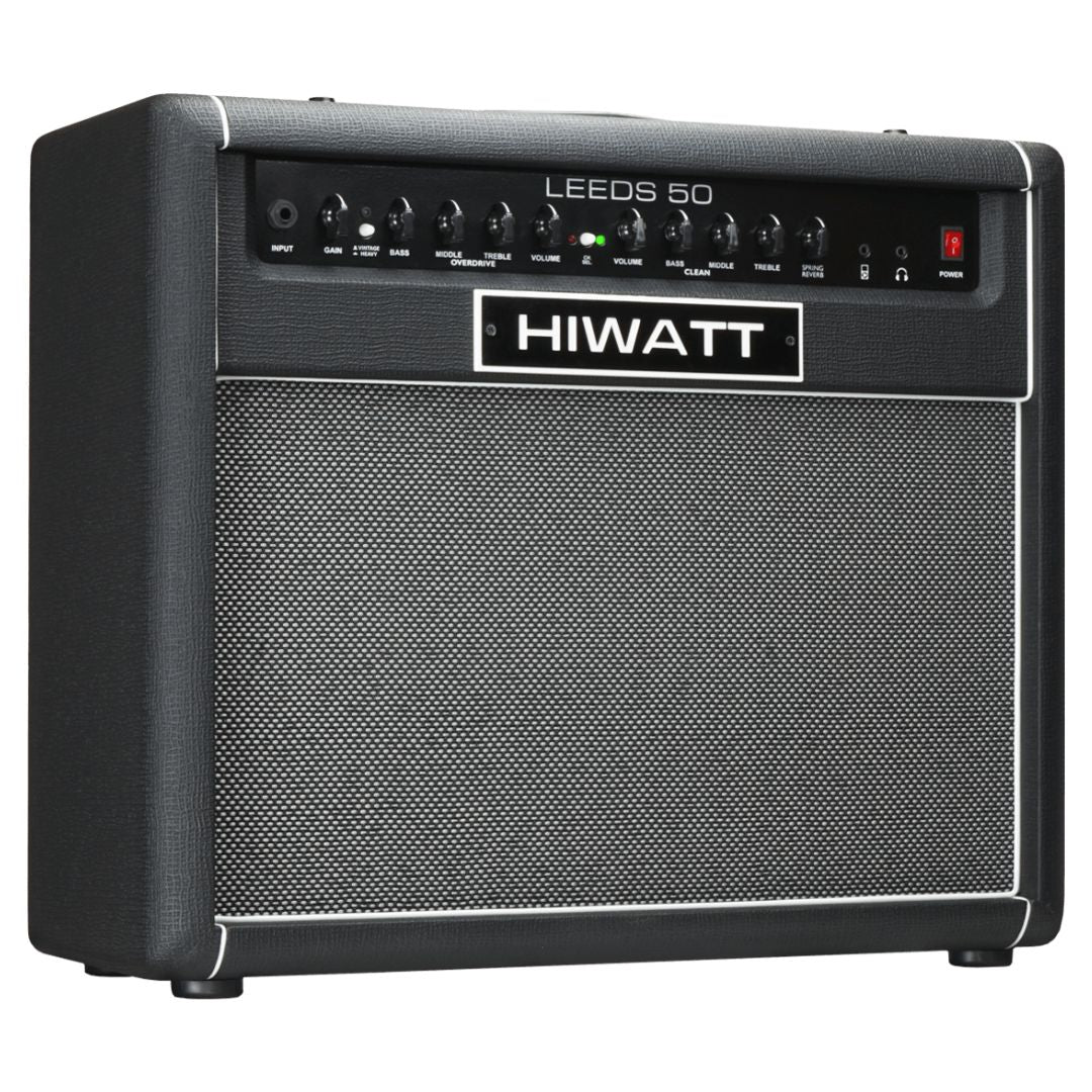 Angled view of Hiwatt Leeds 50R Combo Guitar Amplifier on white background
