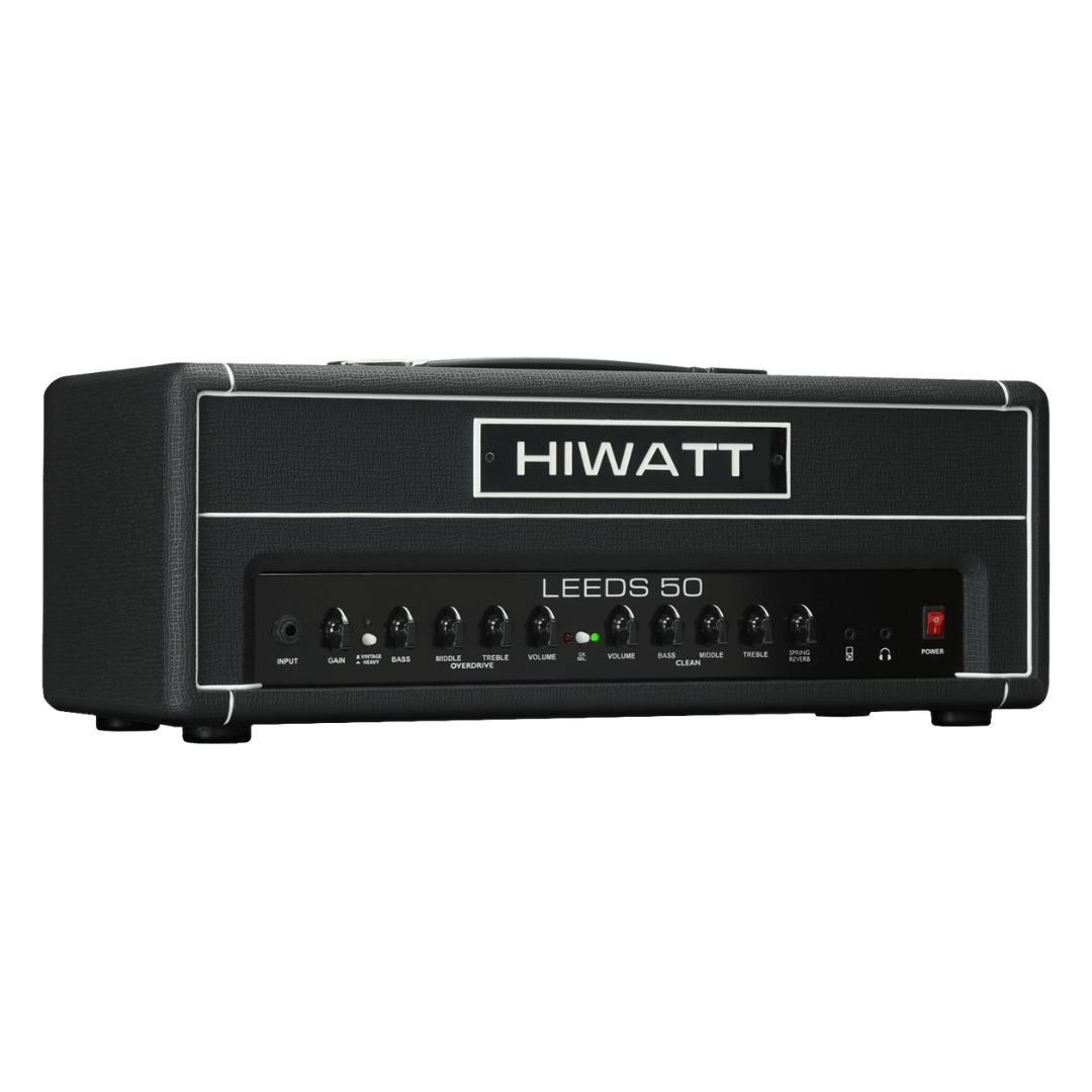 Angled front view of Hiwatt Leeds 50R Guitar Amplifier Head on white background