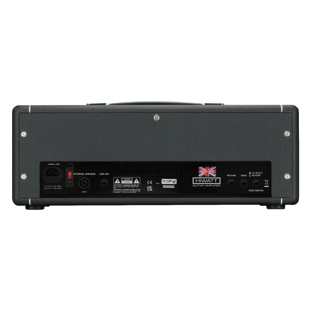Rear view of Hiwatt Leeds 50R Guitar Amplifier Head on white background