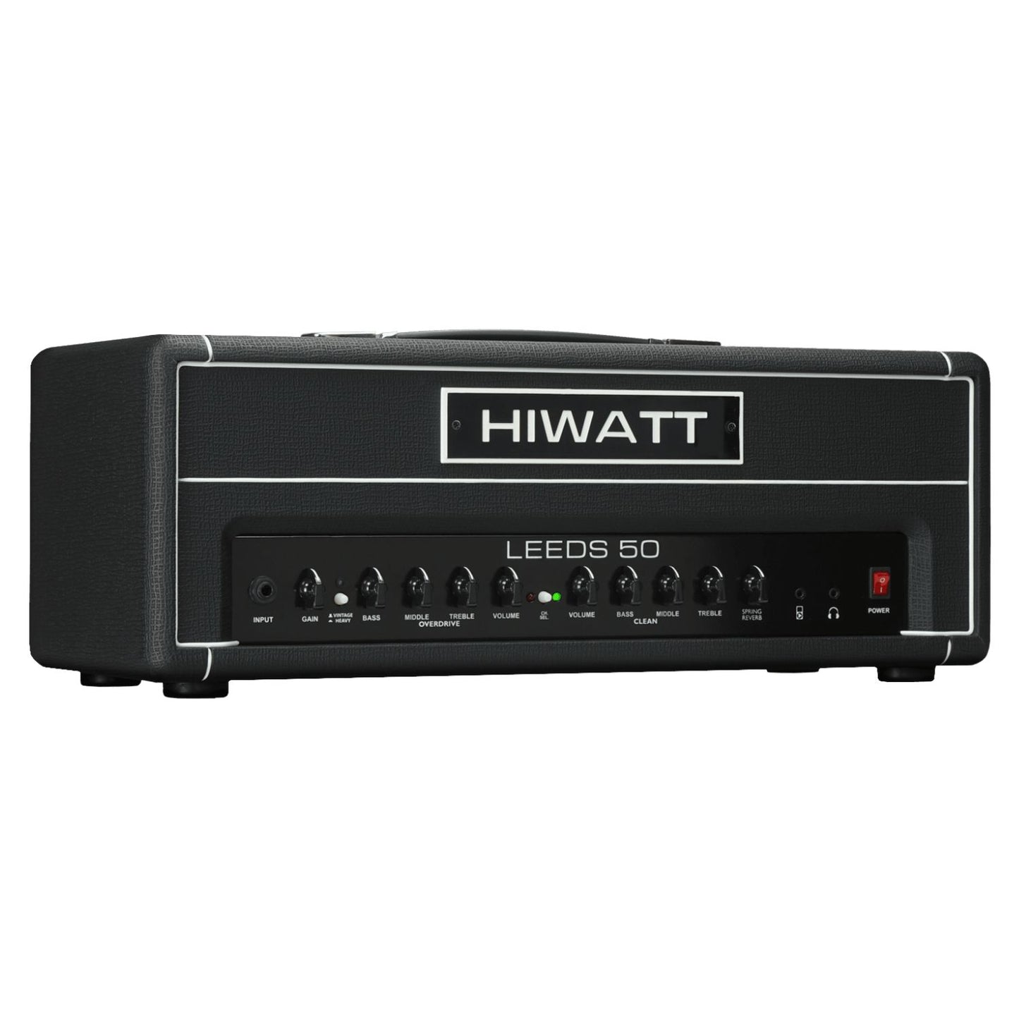 Angled front view of Hiwatt Leeds 50R Head on white background
