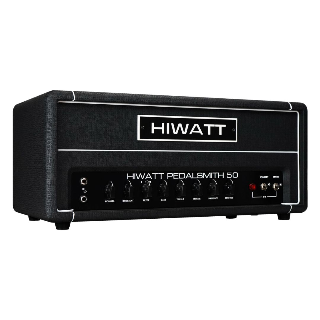 Angled front view of Hiwatt PEDALSMITH 50 Guitar Amplifier Head on white background