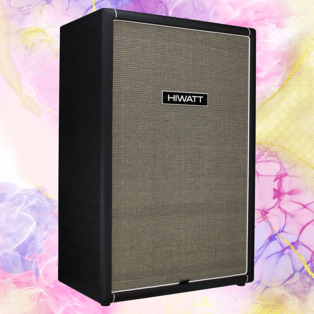 Angled view of Hiwatt SE215F Custom Handwired Bass Speaker Cabinet on multicolored background