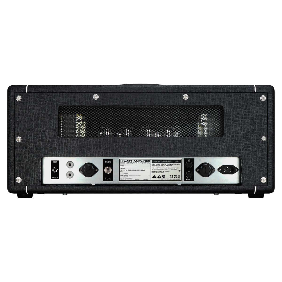 Rear view of Hiwatt Studio/Stage Custom Guitar Amplifier Head on white background