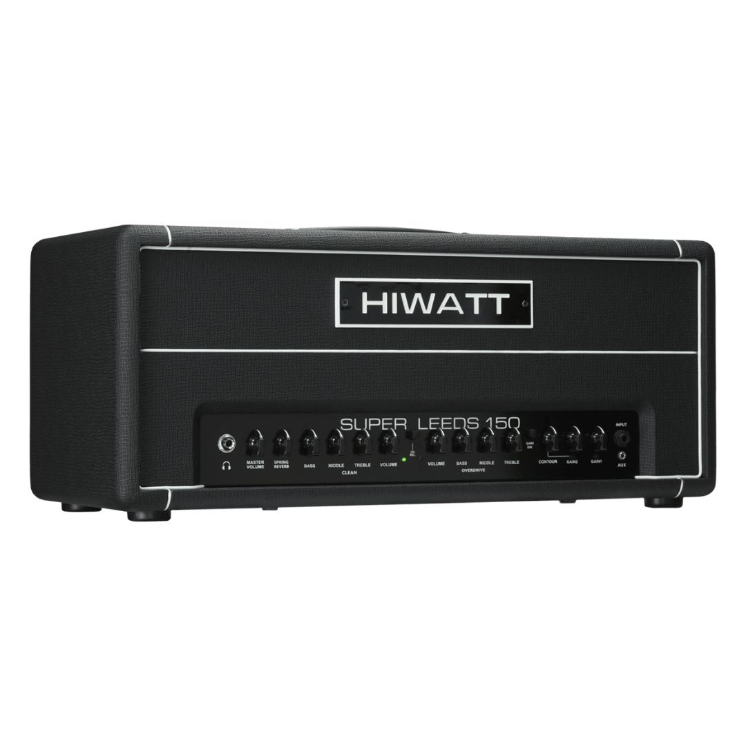 Angled front view of Hiwatt Super Leeds 150R Guitar Amplifier Head on white background