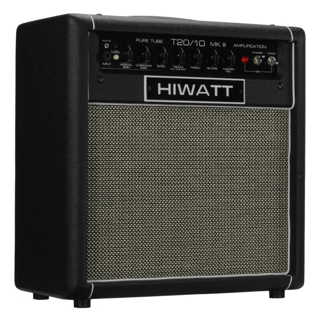 Angled front view of Hiwatt T20/10 Combo Guitar Amplifier on white background