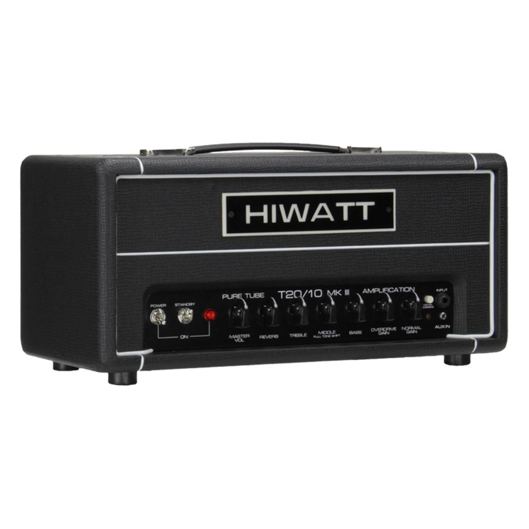 Angled front view of Hiwatt T20/10 Guitar Amplifier Head on white background
