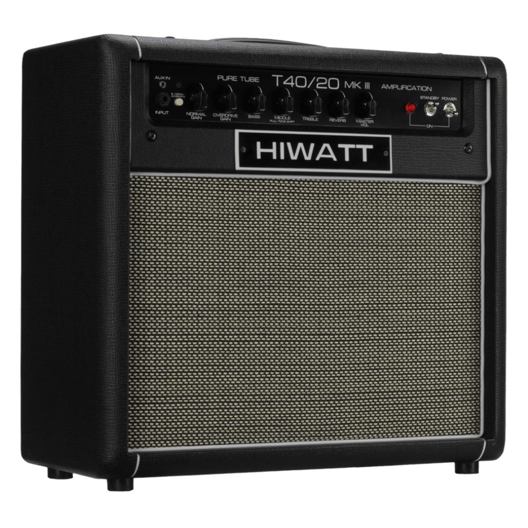 Angled front view of Hiwatt T40/20 Combo 1x12 Guitar Amplifier on white background