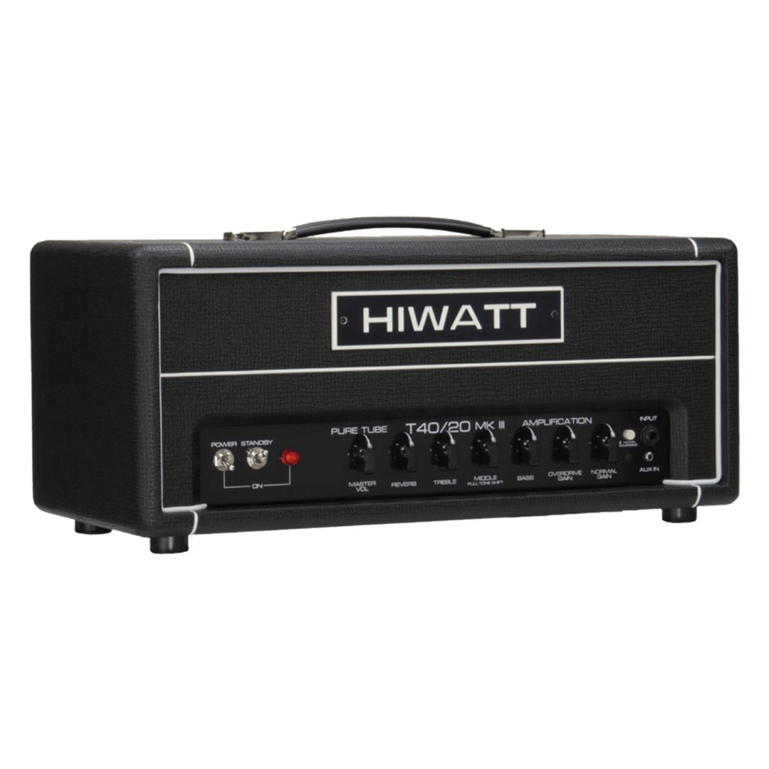 Angled view of Hiwatt T40/20 Guitar Amplifier Head on white background