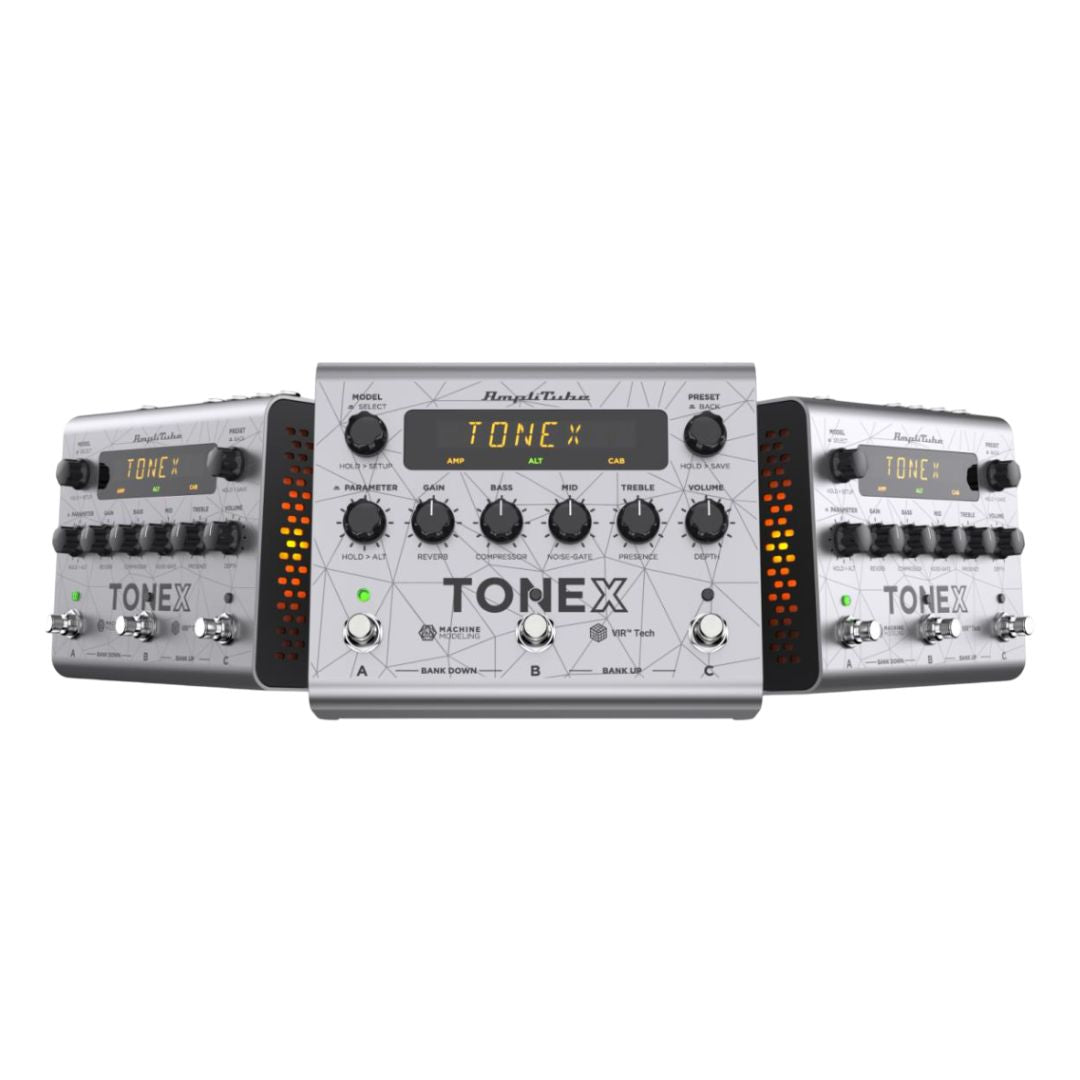 Three IK Multimedia TONEX Pedal Bass Edition products beside one another displaying its top and side angles on white background