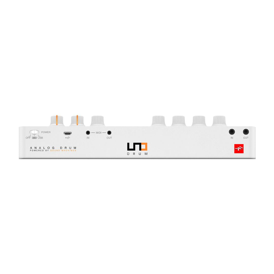 White electronic device with control knobs and brand logos on a white background