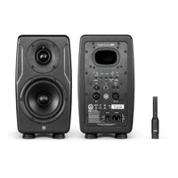 Pair of IK Multimedia iLoud Precision 5 MKII side by side displaying front and rear panels with ARC microphone beside them on white background