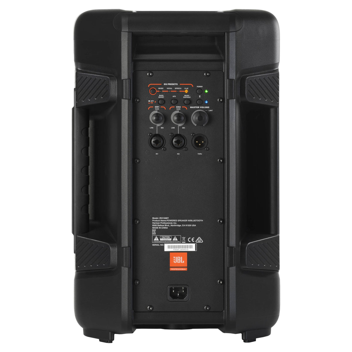 Rear ports view of JBL IRX108BT Powered 8” Portable Speaker with Bluetooth on white background