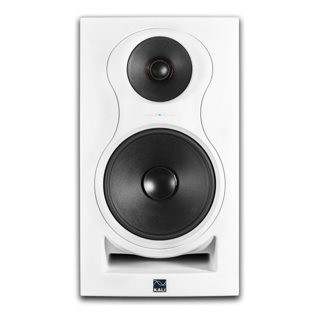 White speaker with black drivers on a white background