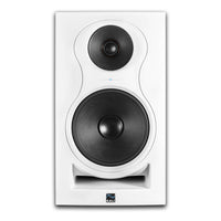 White speaker with black drivers on a white background