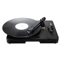 Front view of Korg handytraxx 1bit with vinyl on white background