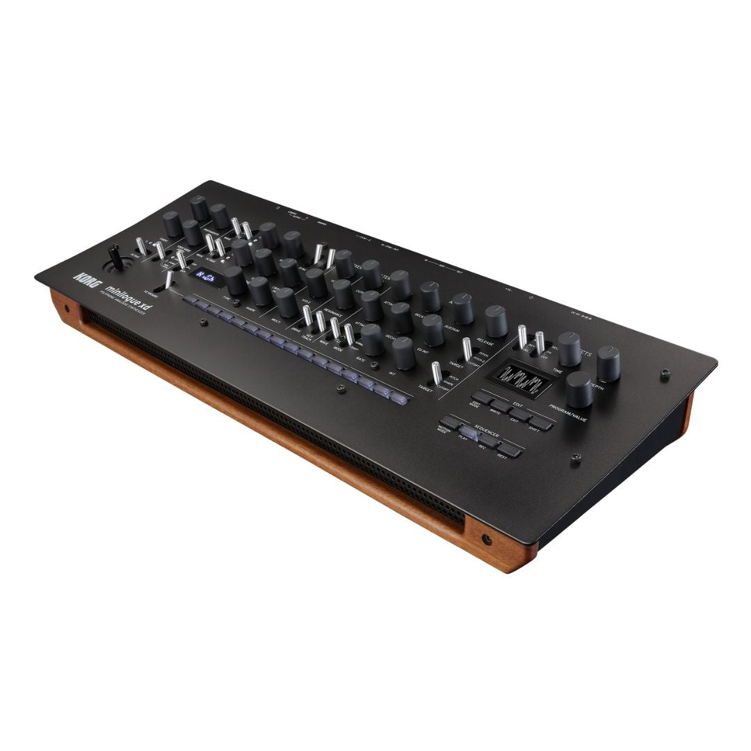 Angled front view of Korg minilogue xd module Polyphonic Analogue Synthesizer on white background