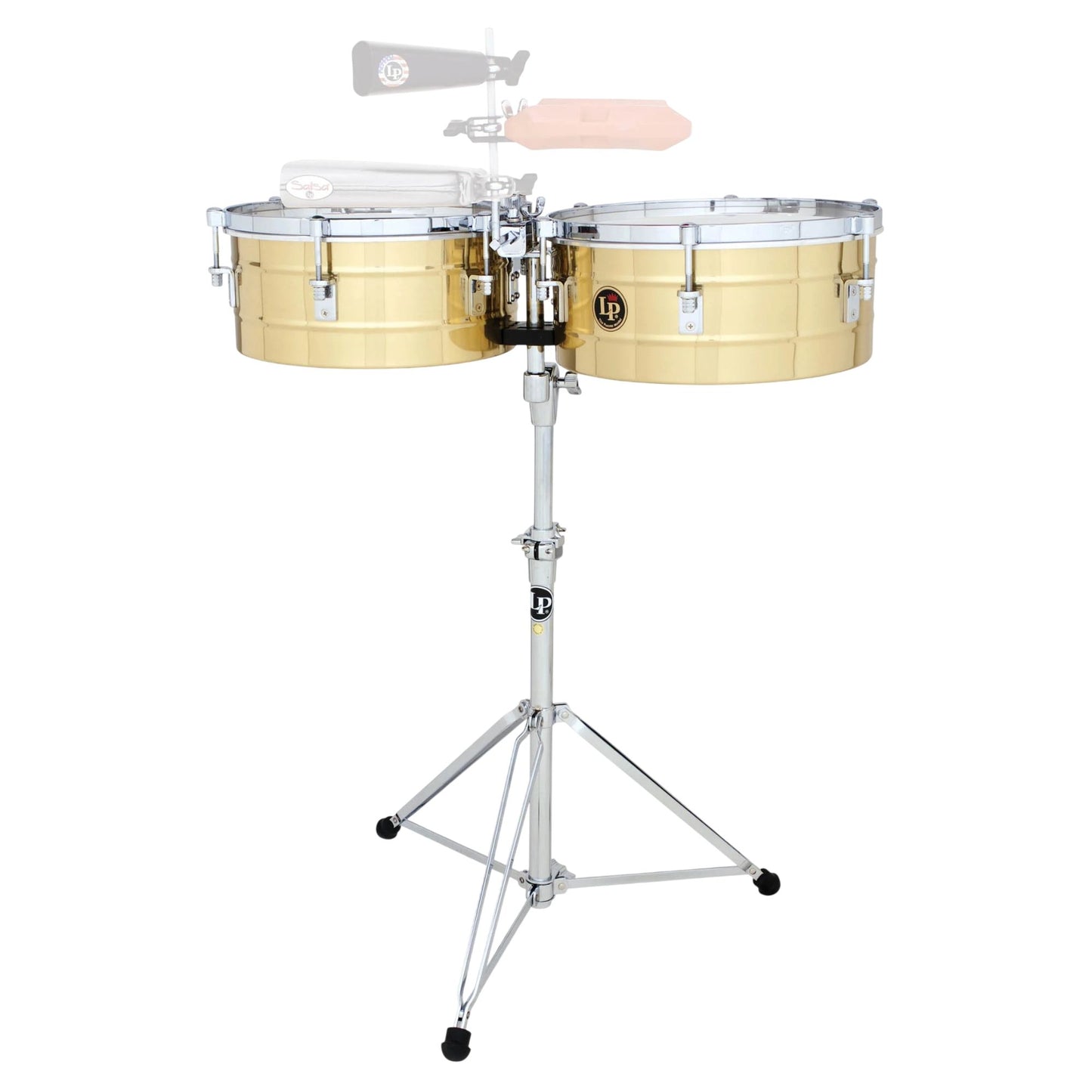 Front view of LP Tito Puente 14″ & 15″ Timbales Brass on white background