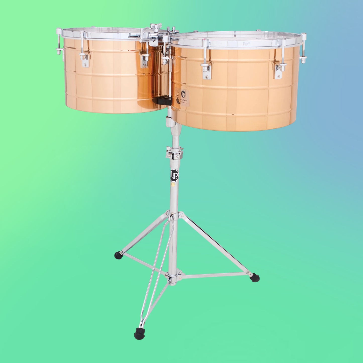 Front view of LP Tito Puente 15″ & 16″ Timbales on multicolored background