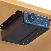 Angled front ports view of Lake People G103-B MKII 2-Channel Headphone Amplifier mounted underneath wooden surface in studio