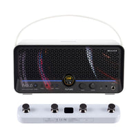 Front view of MOOER F40i Li Intelligent Amp Snowfall White and White F4 Footswitch on white background