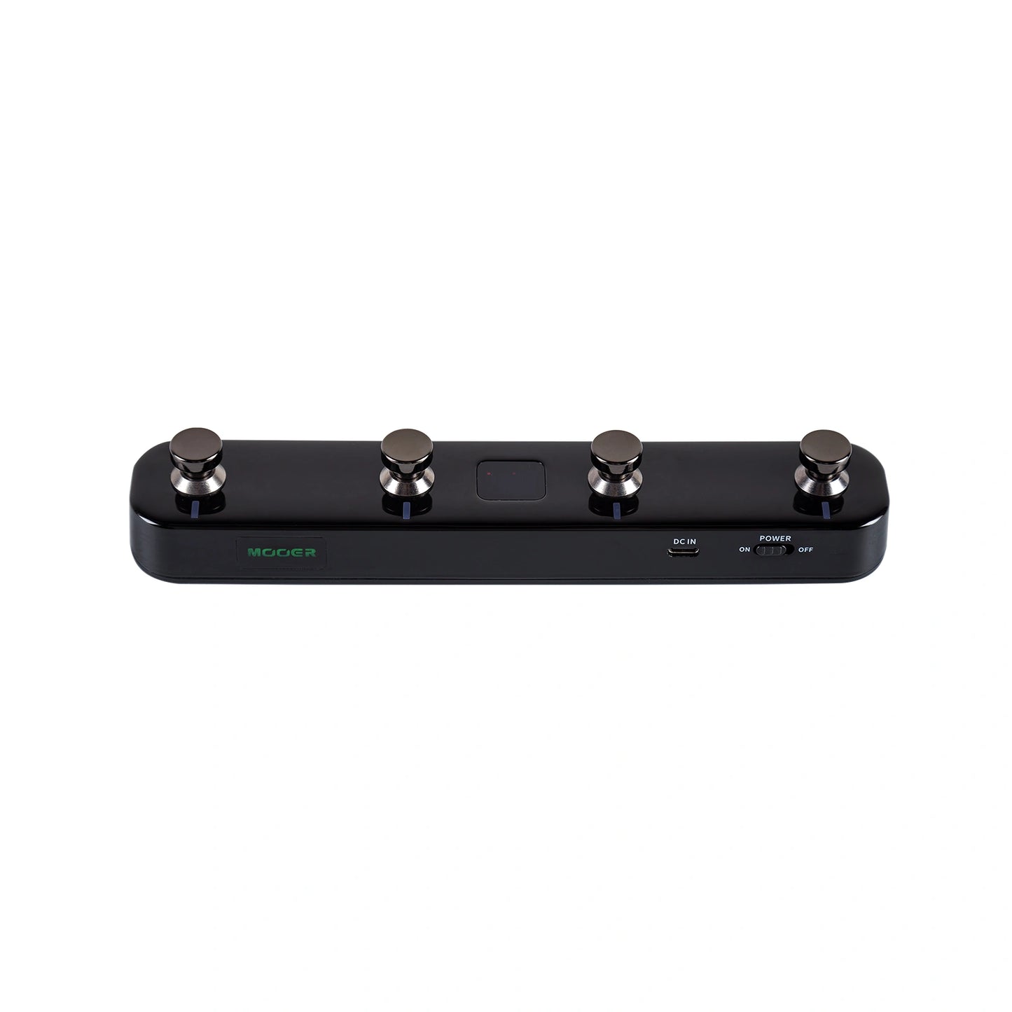 Angled top view of black Mooer F4 on white background