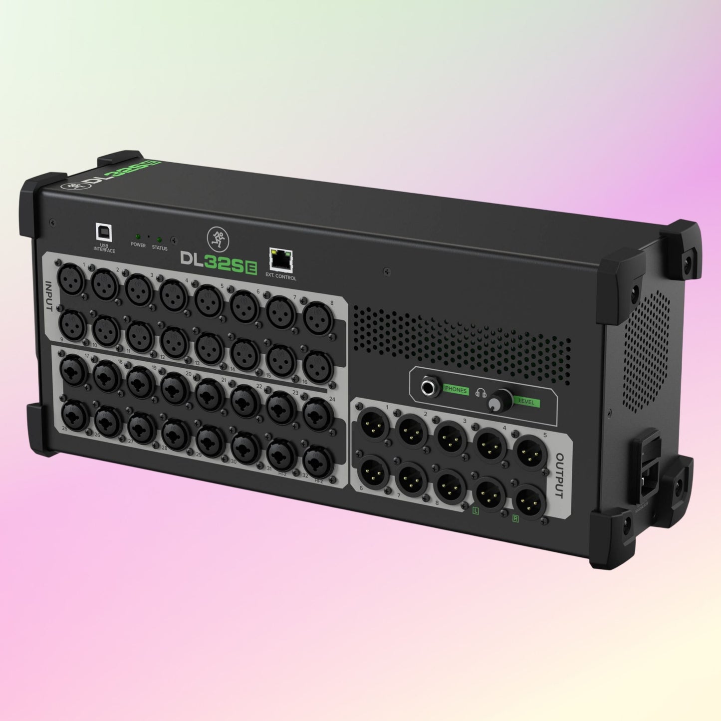 Angled ports view of Mackie DL32SE 32-Channel Wireless Digital Mixer on pink gradient background