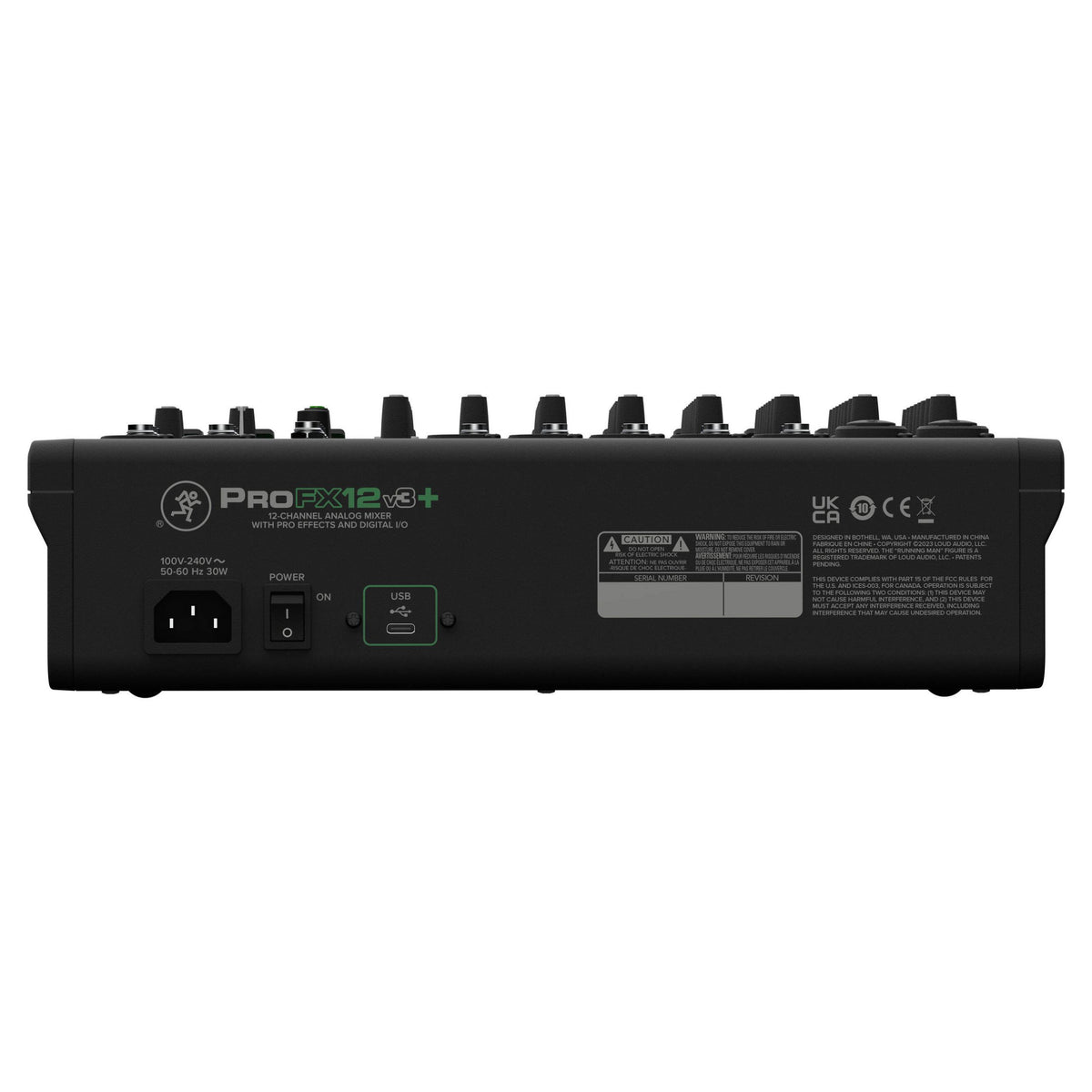 Rear ports view of Mackie ProFX12v3+ 12-Channel Analog Mixer w/ USB Recording & Bluetooth on white background