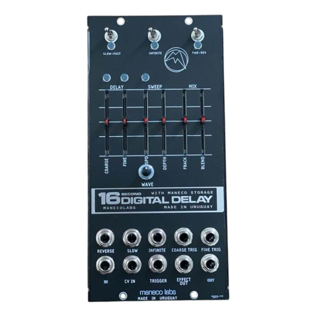 Front view of Maneco Labs 16 Seconds Digital Delay Moog 5U Module on white background