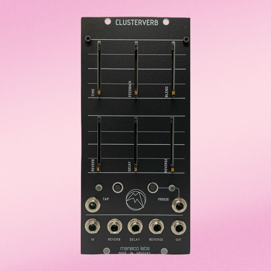 Front view of Maneco Labs Clusterverb Moog 5U Module on pink background