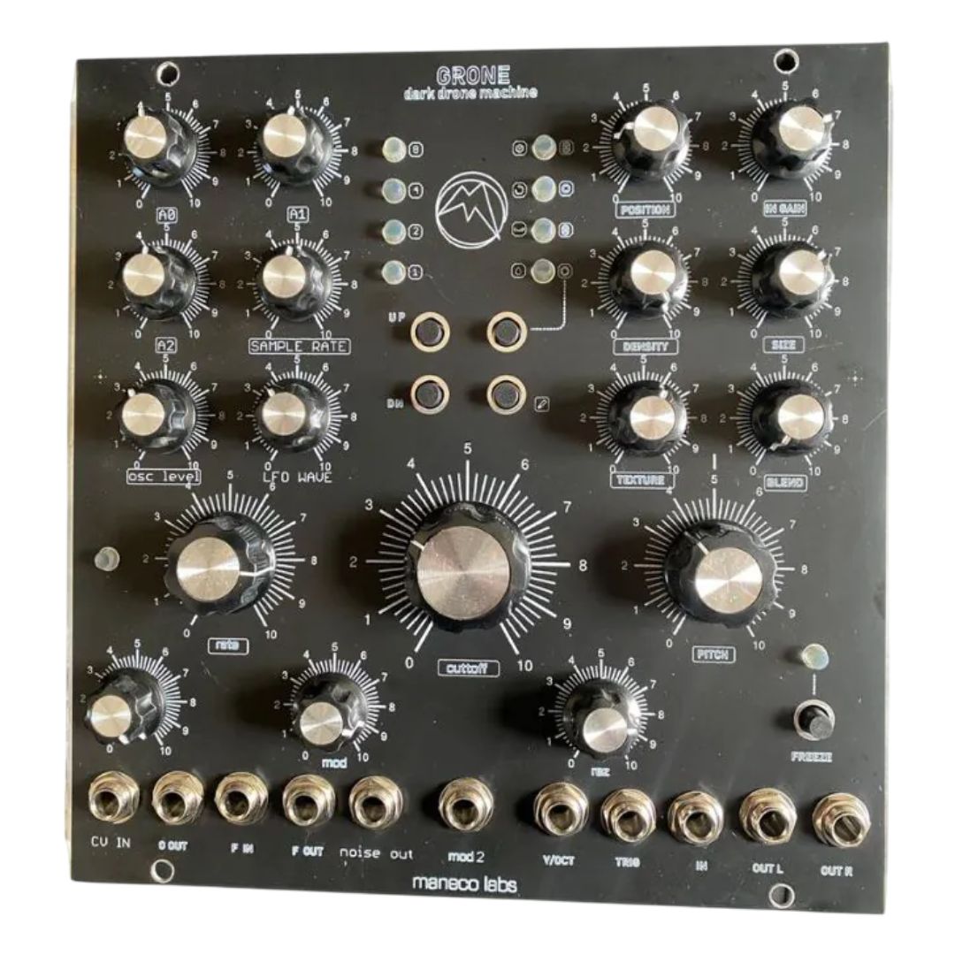 Front view of Maneco Labs Grone Drone Synth Voice Moog 5U Module on white background