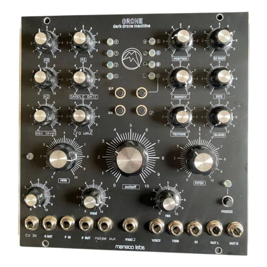 Front view of Maneco Labs Grone Drone Synth Voice Moog 5U Module on white background